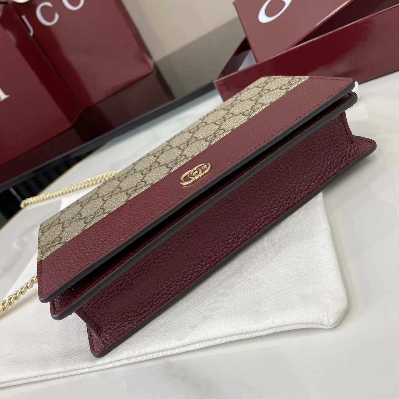 Premium Chain Wallet – Red Leather &amp; Canvas Mini Shoulder Bag